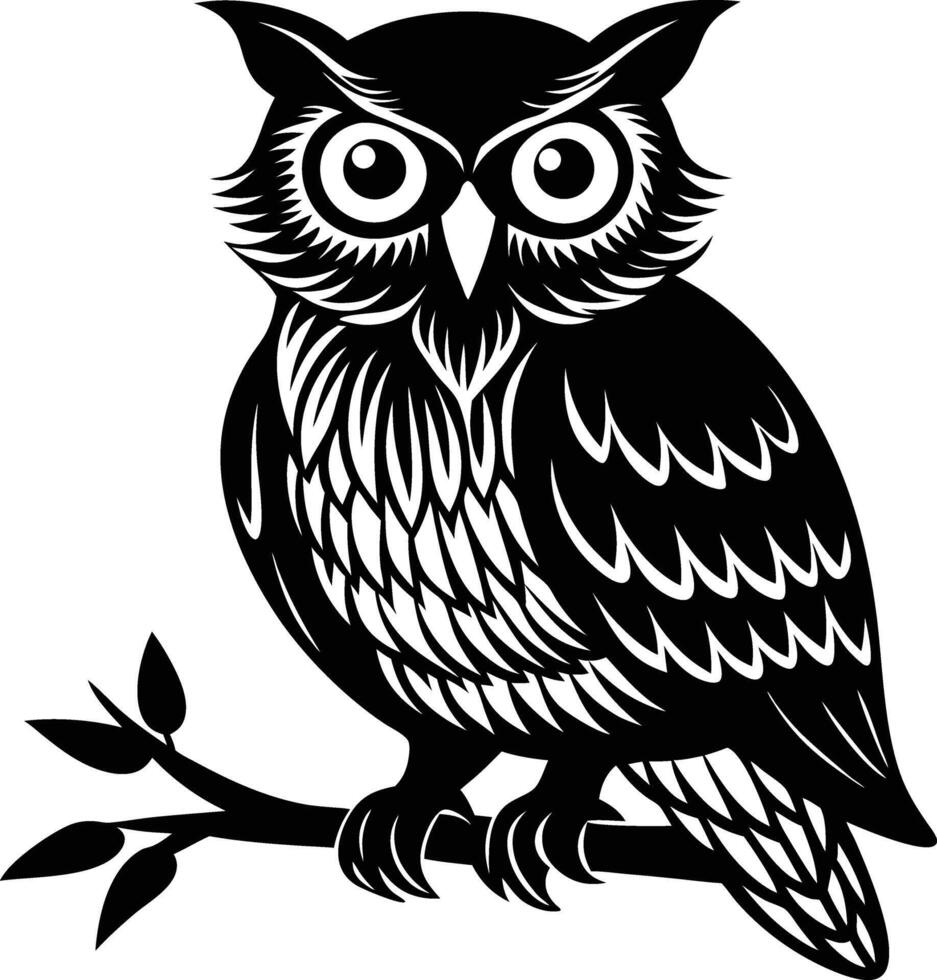 An owl sitting on a branch with leaves vector