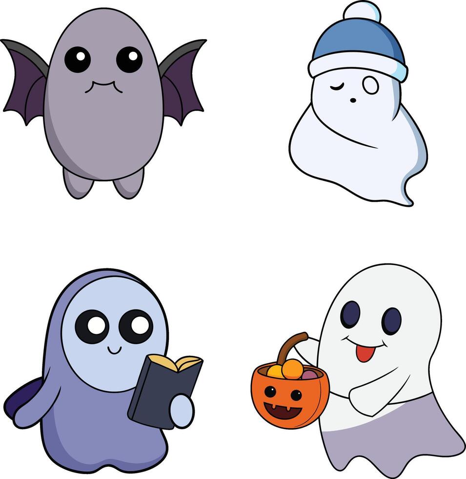 Halloween ghost, bat, pumpkin, witch and bat vector