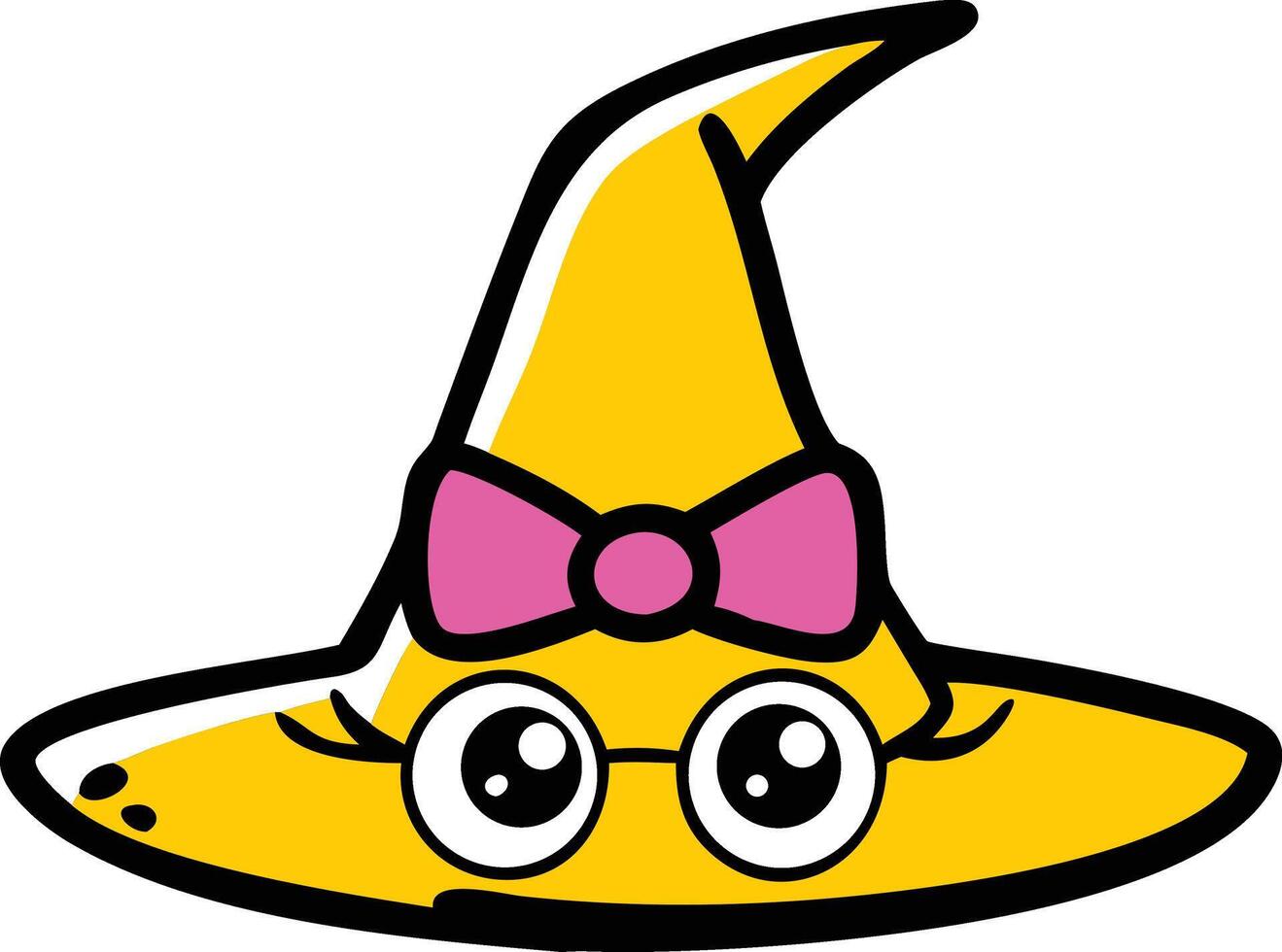 A funny yellow cartoon witchy poo a cute witch hat with a happy smile holds a fish icon, a cute animal illustration perfect for fun designs vector