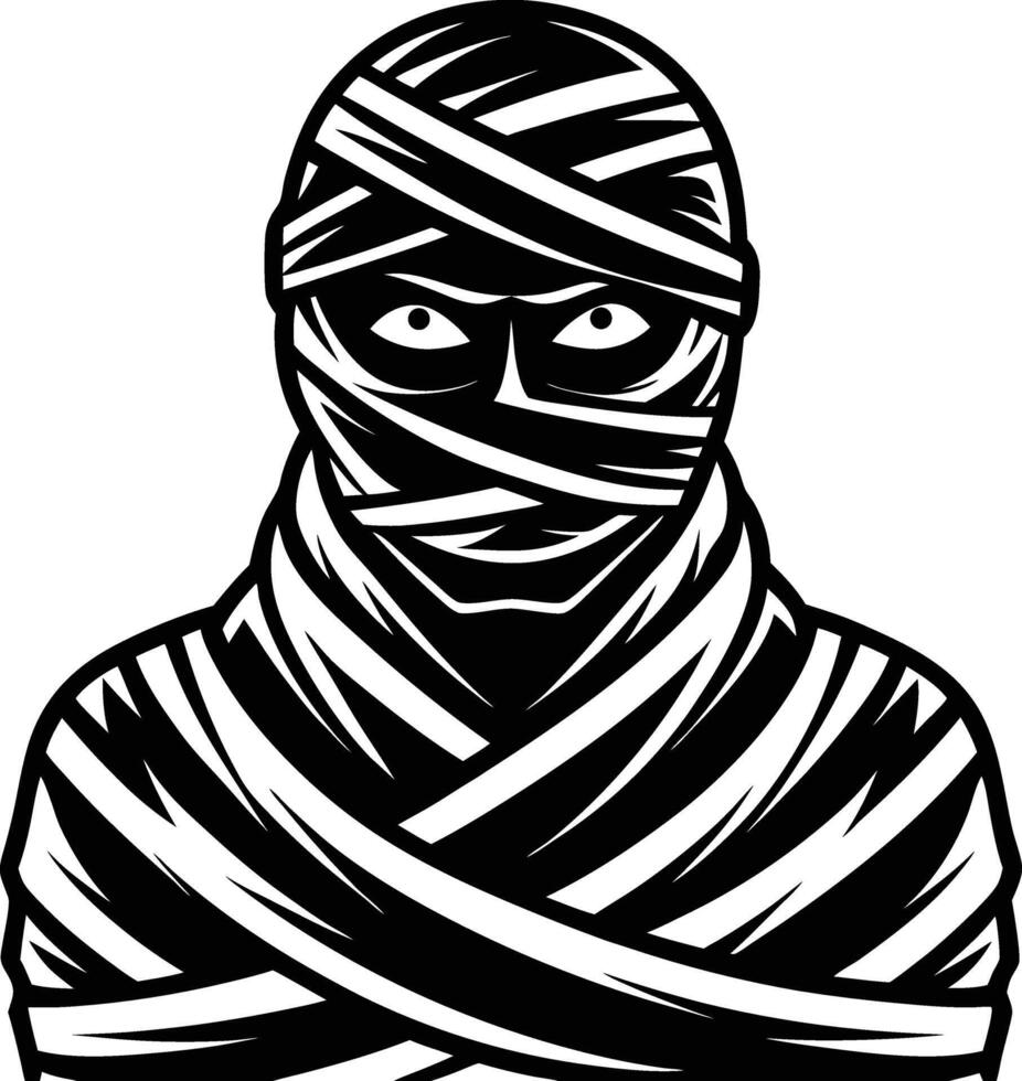 A black and white illustration of a man in a bandaged vector