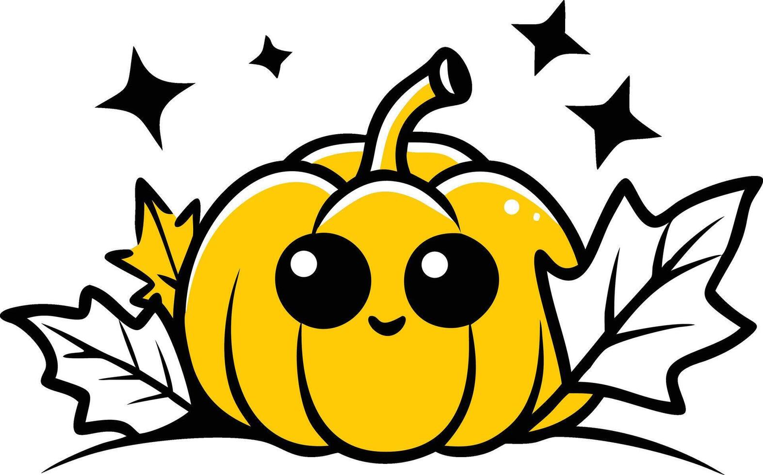 A cartoon yellow peekaboo pumpkin with a smile enjoys a flower in a sunny nature illustration vector