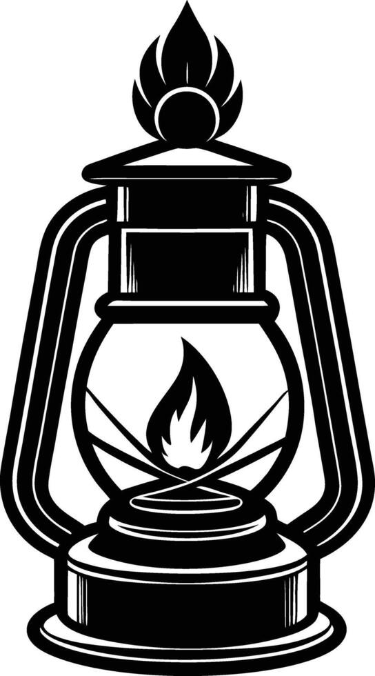 A black and white illustration of a lantern with a flame vector
