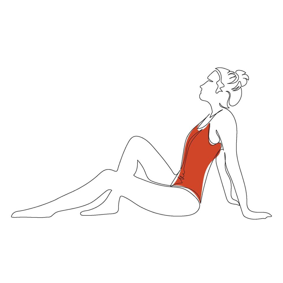 One line drawing woman in swimsuit sitting on the beach. Modern minimalism art, aesthetic contour. Abstract girl silhouette, minimalist style. Female line illustration. vector
