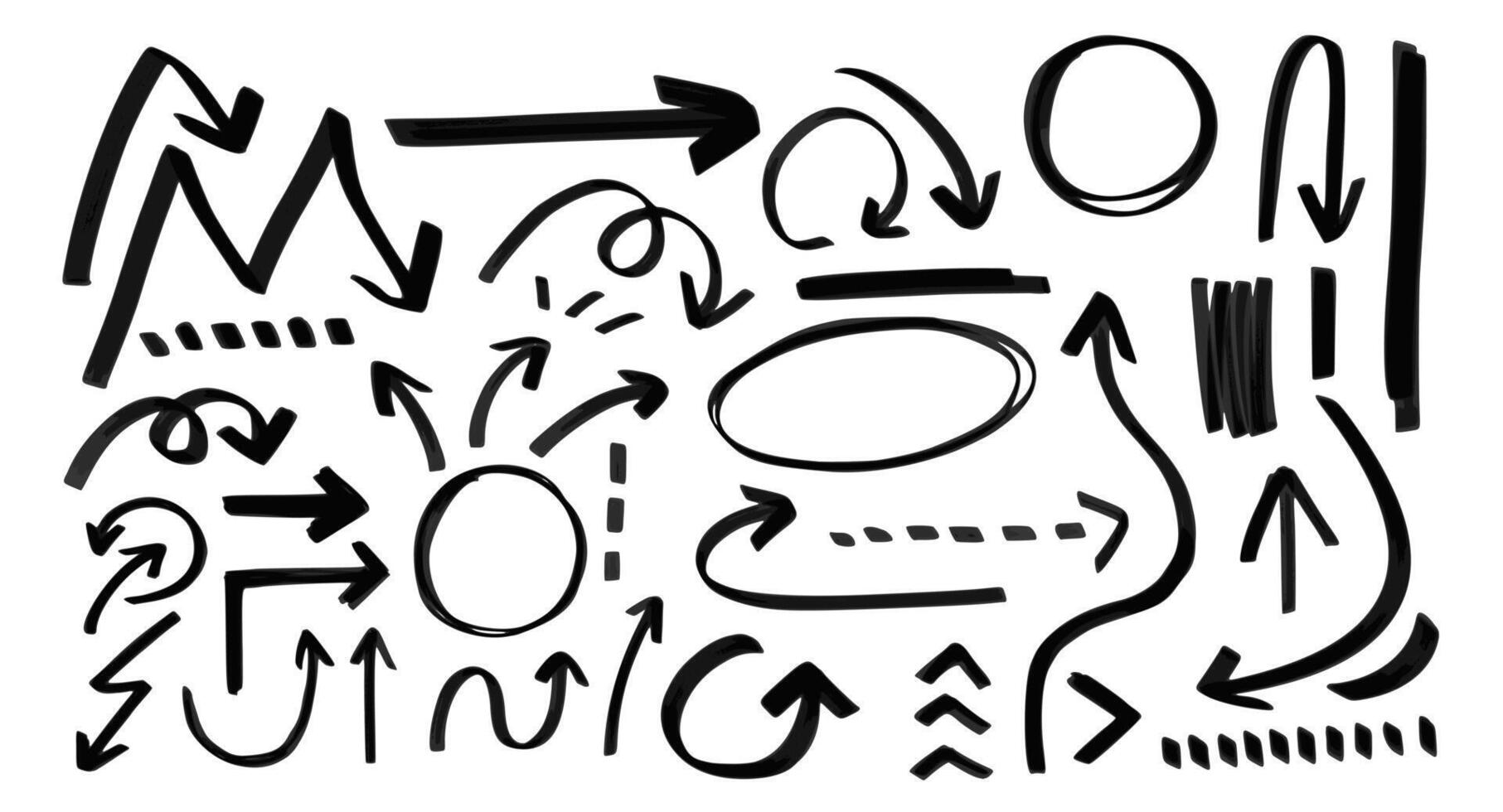 Set of marker doodle curve arrow. Hand drawn brush stroke arrows and circles in ink style for design vector