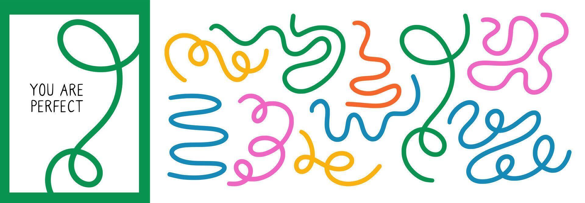 Set of abstract playful wavy line. Banner with organic curvy curly stripe shape in retro flat style. Wave line art for banner, flier vector