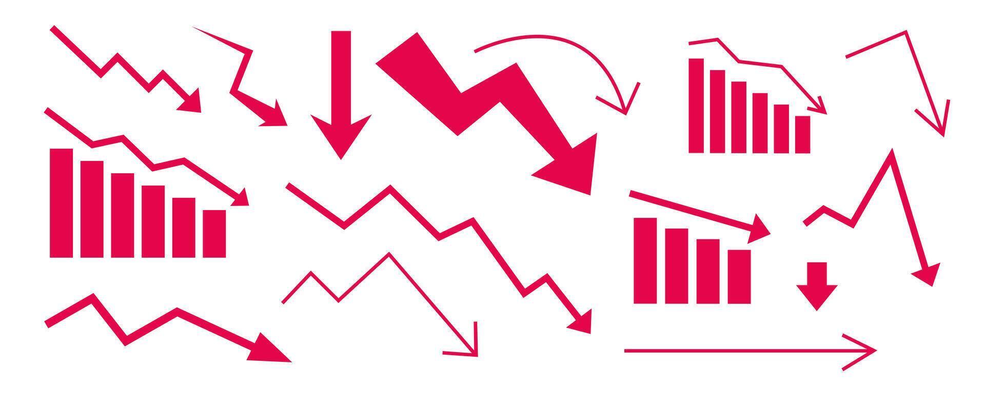 Set of red arrow going down stock icon. Symbol of downward arrow graph. Symbol of down arrow market graph vector
