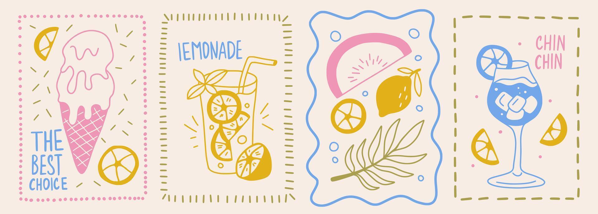 Poster with cocktail and tropical fruits in doodle ink style. Drawing summer drink and ice-cream with funny frame. vector