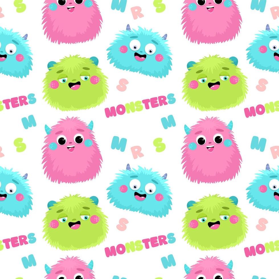 Seamless pattern with cute fluffy monsters. vector