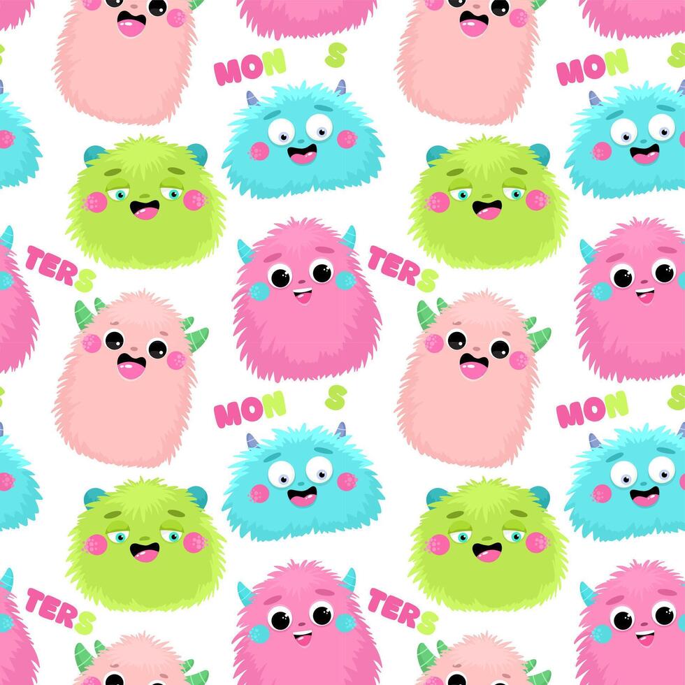 Seamless pattern with cute fluffy monsters, children's print. vector