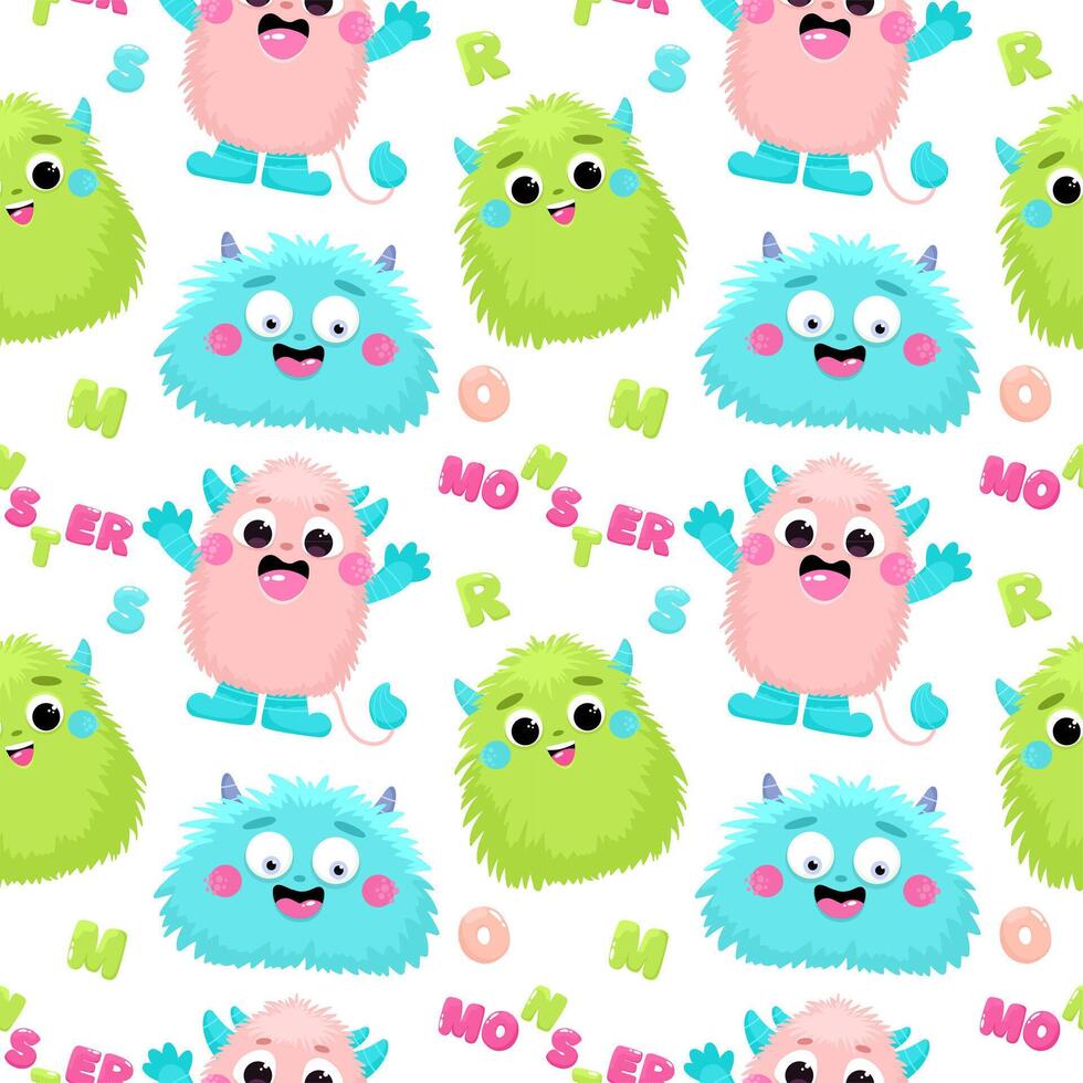 Seamless pattern with cute fluffy monsters, children's print vector