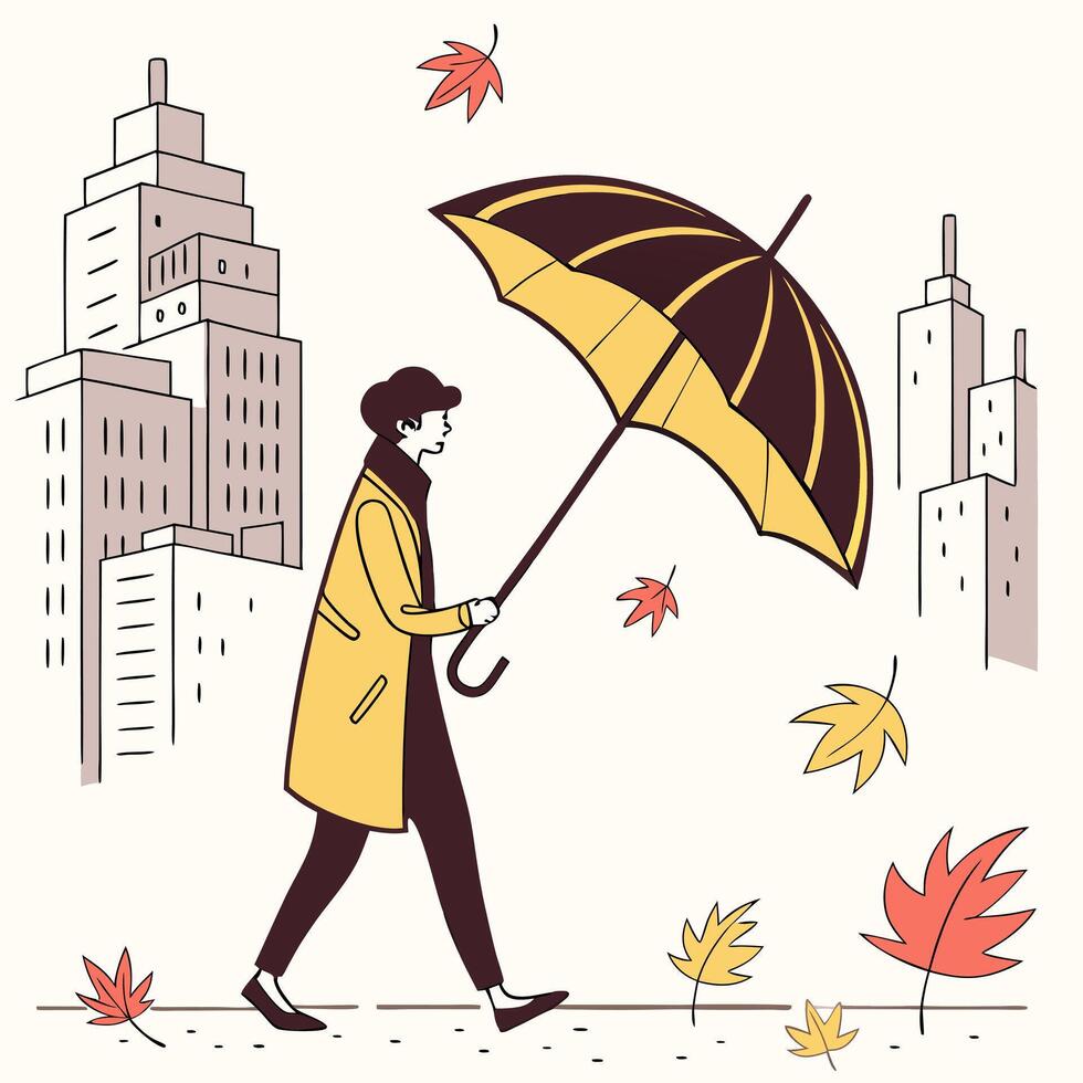 a woman walking with an umbrella in the fall vector