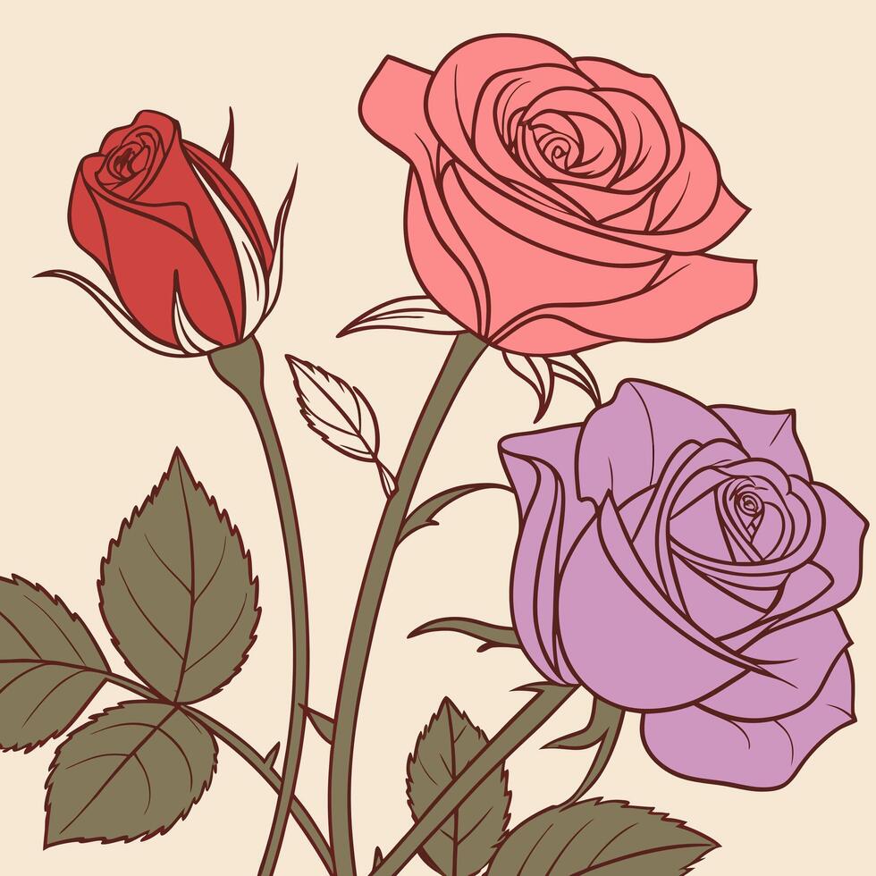 three roses are shown in a sketchy style vector