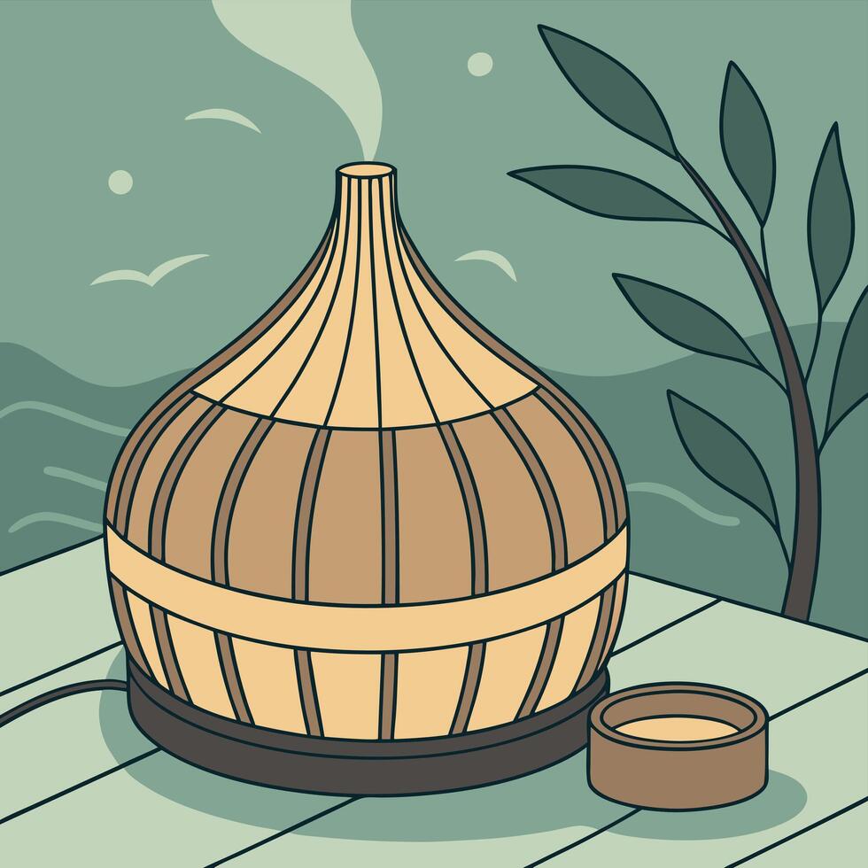 an illustration of a wooden basket with a bowl of water vector