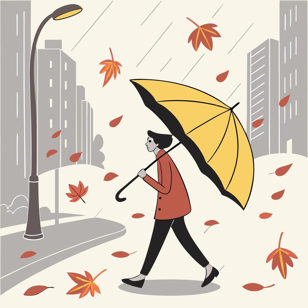 a man walking under an umbrella in the rain vector