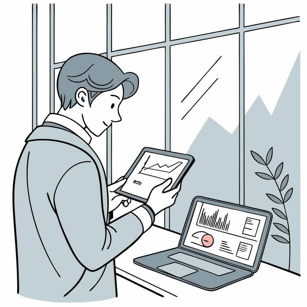 a man is using a tablet computer and looking at graphs vector