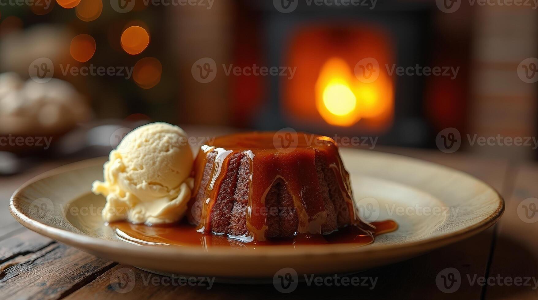 Enjoying warm sticky toffee pudding with vanilla ice cream by the cozy fireplace photo