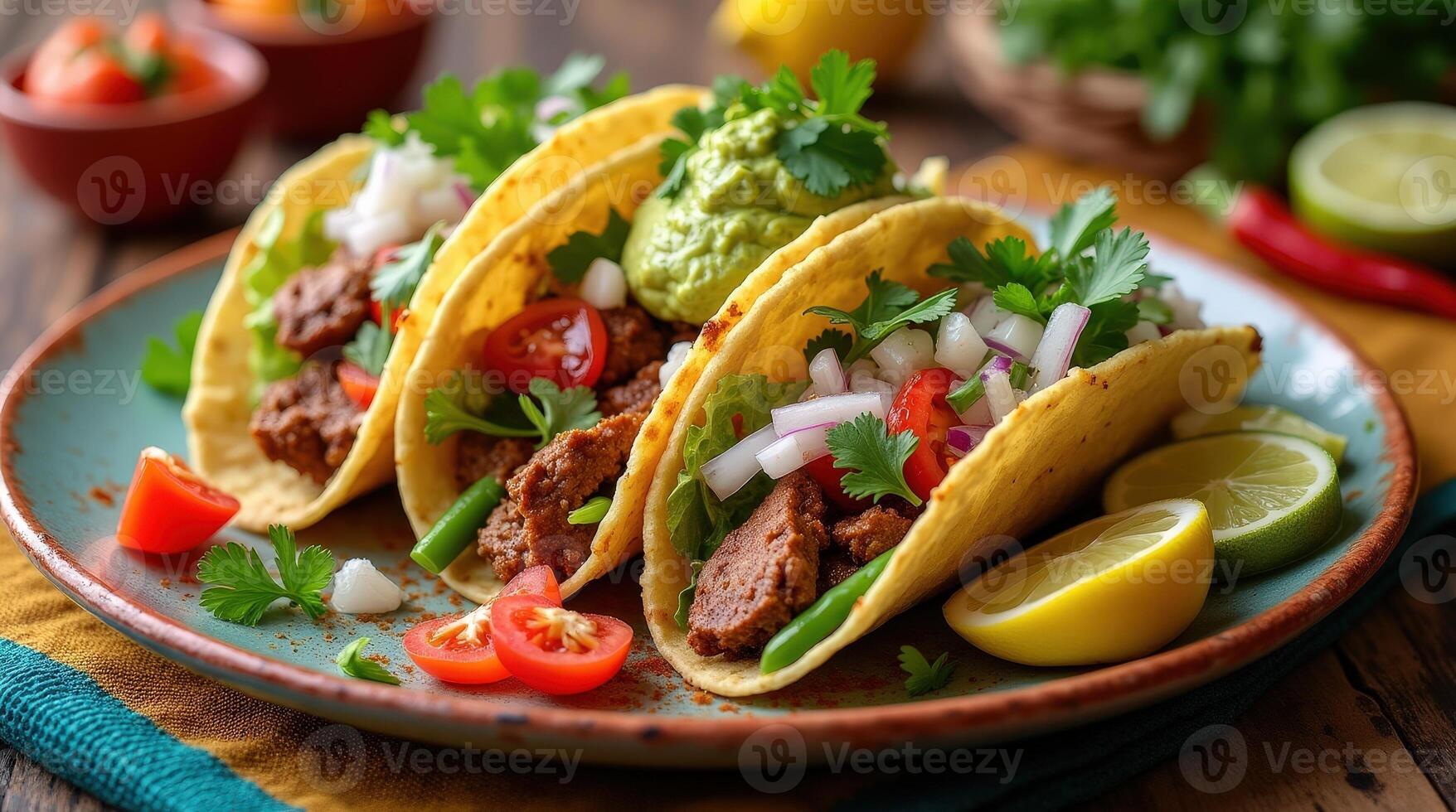 Colorful Mexican tacos filled with meat, guacamole, and fresh vegetables served on a rustic plate photo