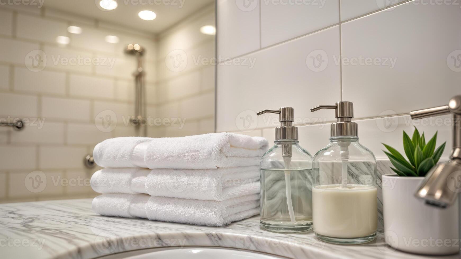 Clean bathroom counter with towels and dispensers photo