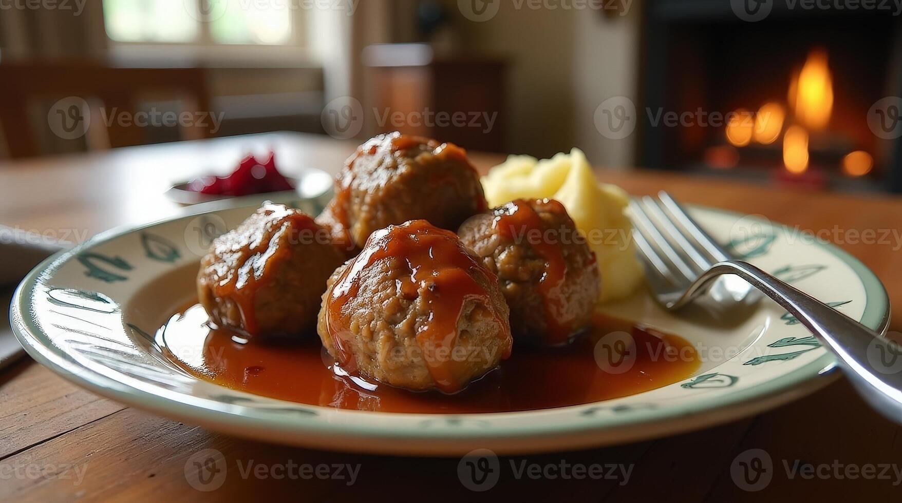 Enjoying homemade Swedish meatballs with creamy mashed potatoes by a cozy fireplace photo