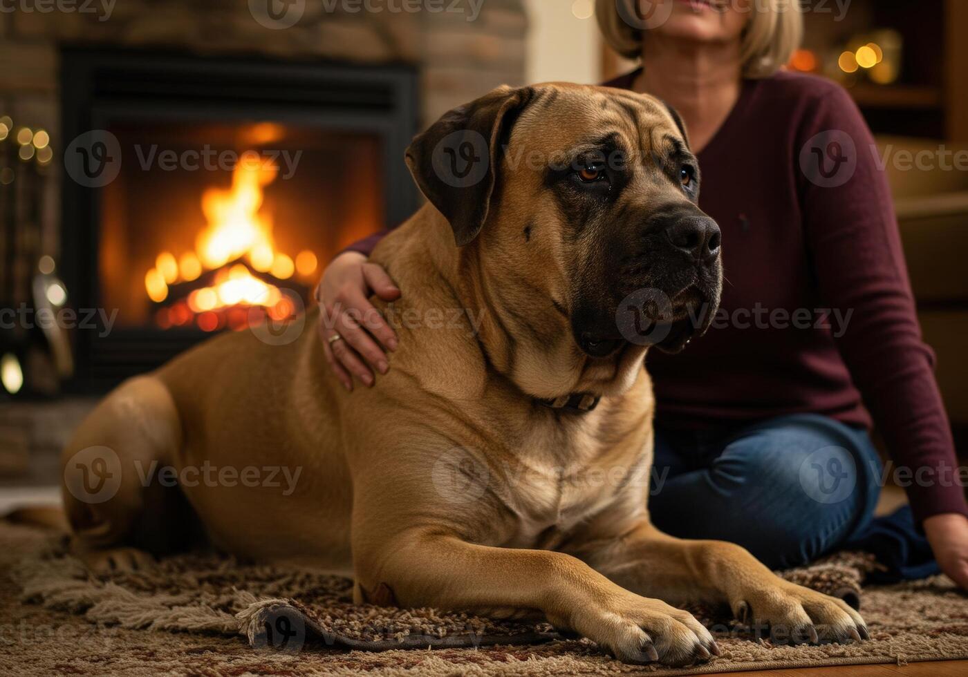 Large English Mastiff dog rests by fireplace with human arm resting on its back photo