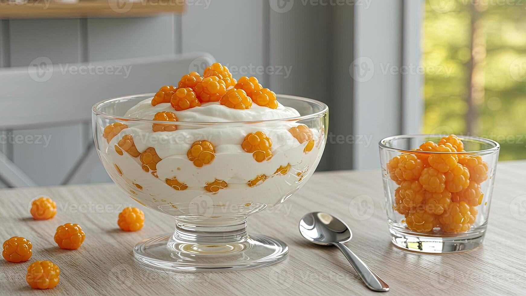 Traditional Norwegian Multekrem cloudberry and whipped cream dessert in bowl photo