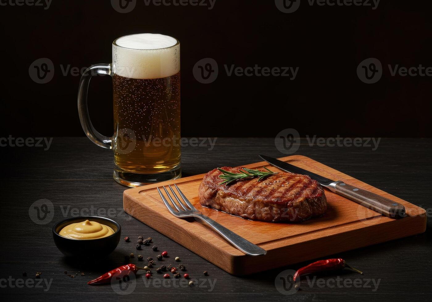 Minimalist still life with steak, beer, mustard, spices, fork, knife on board photo
