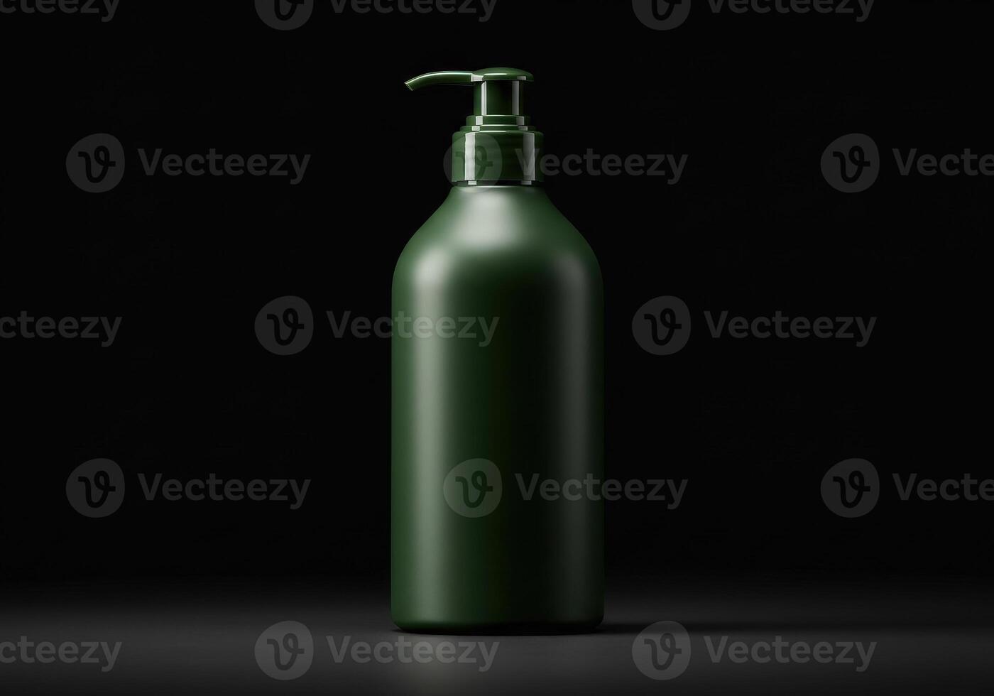 Green container with pump top displayed on a dark background in a minimalistic setting photo