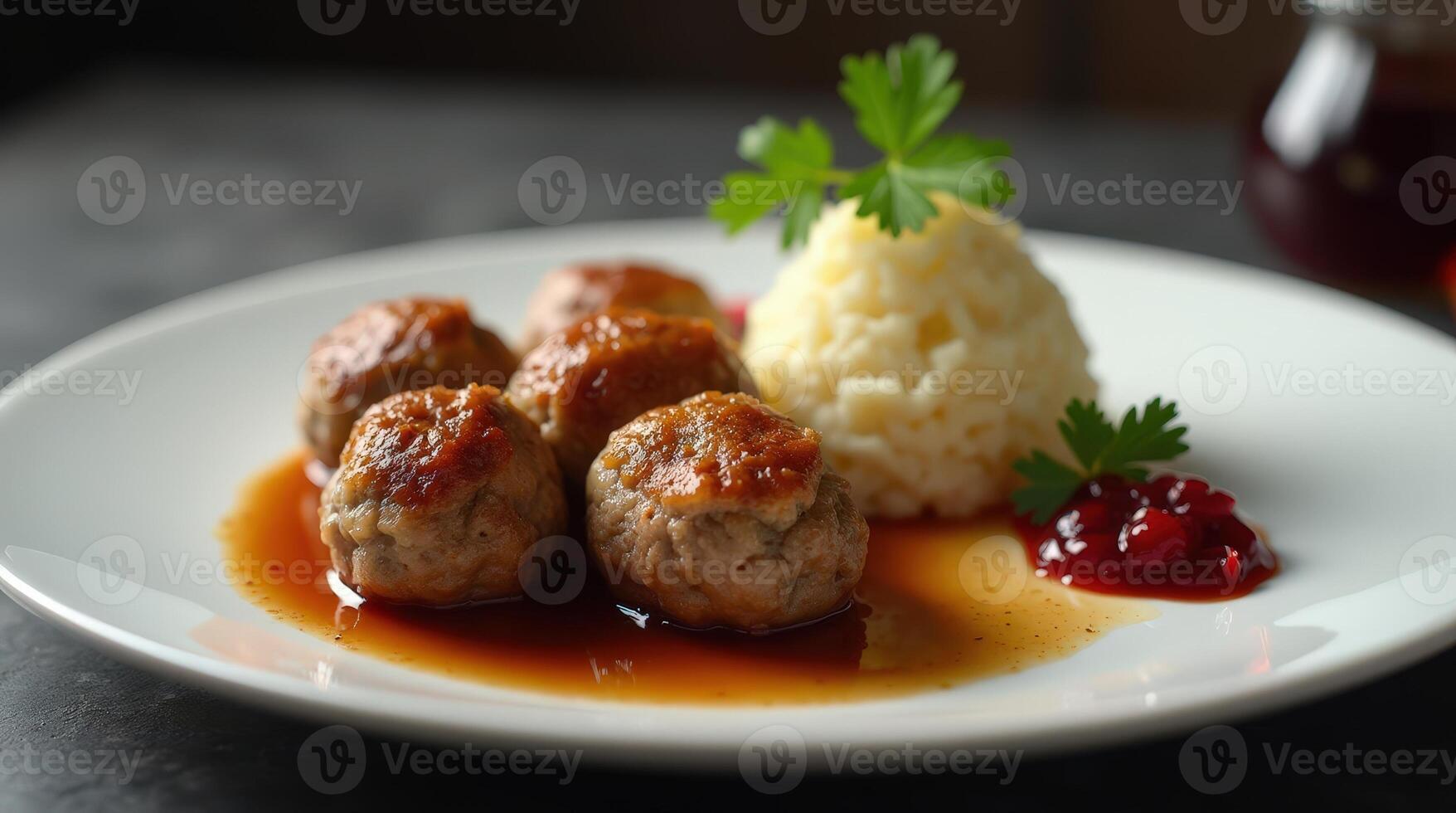 Enjoying Swedish meatballs with creamy mashed potatoes and tangy lingonberry jam photo