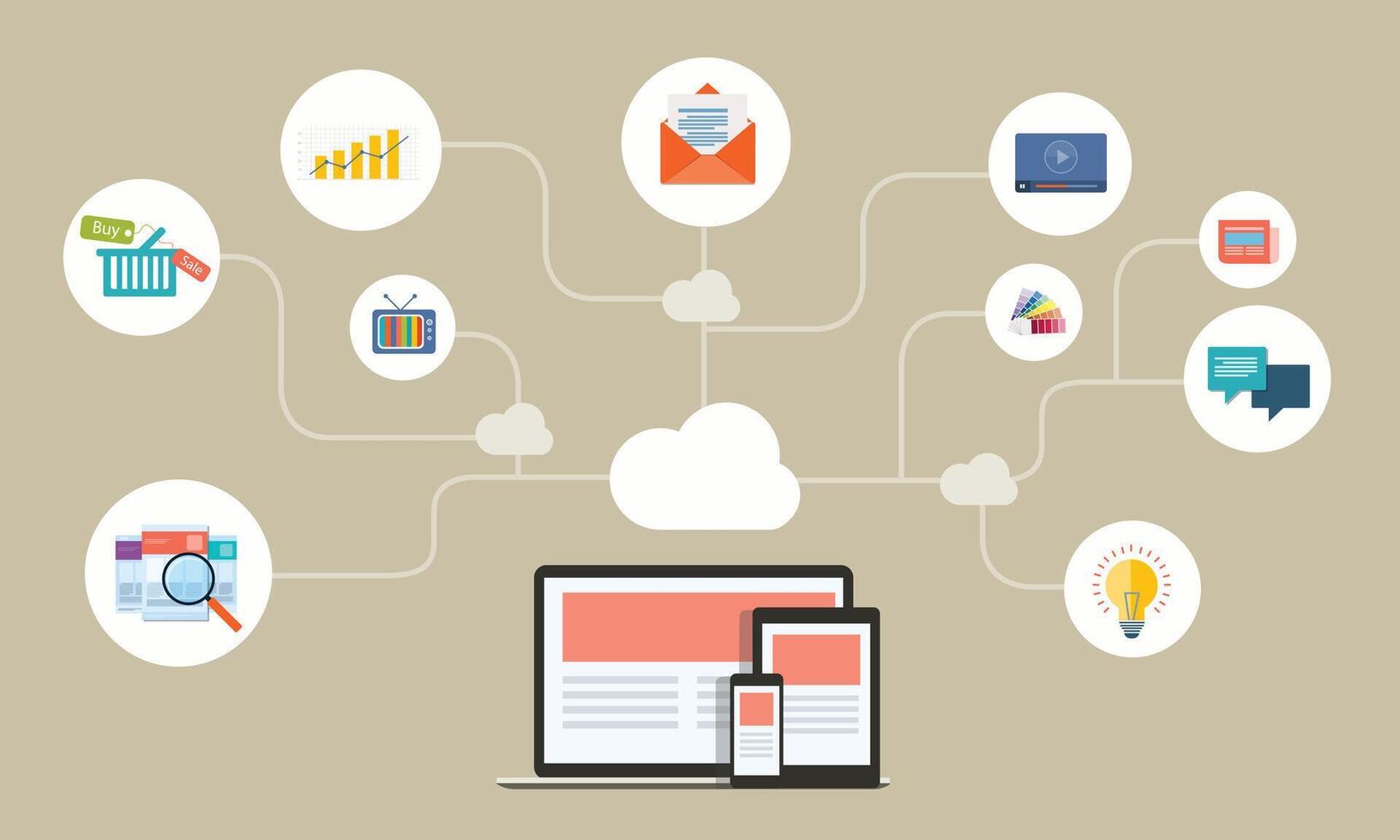 working with computer device and connection to cloud computing server concept vector
