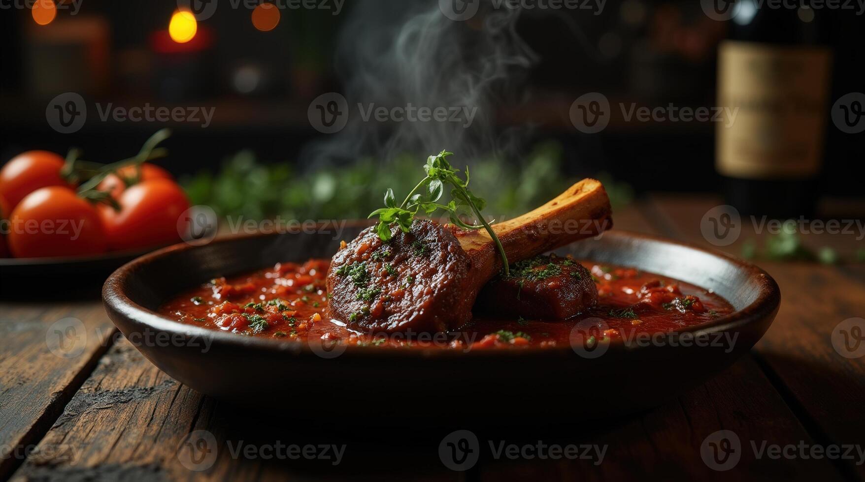 Savory osso buco served in rich sauce with fresh herbs and vegetables on rustic wooden table photo