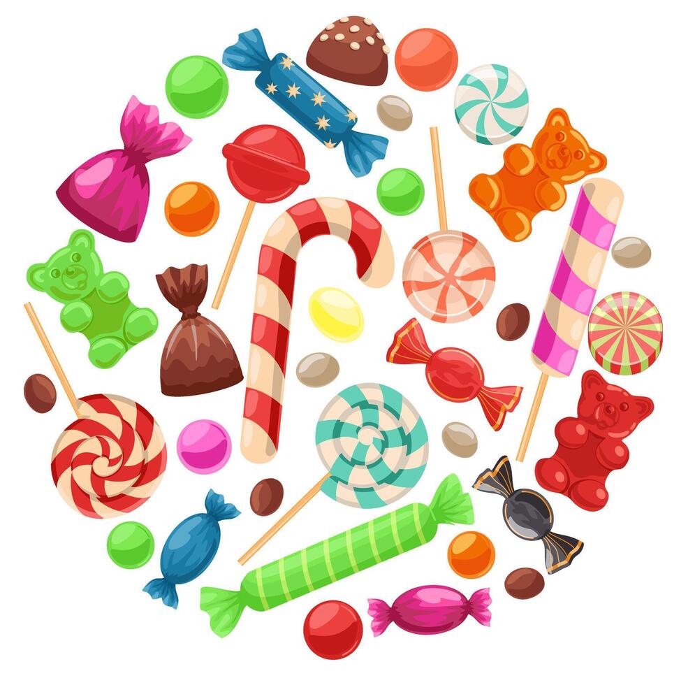 Sweet candies flat icons set in circle shape. Various chocolate candies, colorful lollipops vector