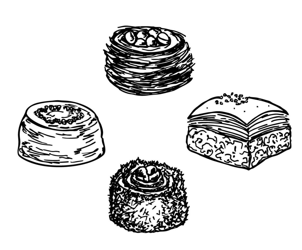 Assorted Oriental sweets sketch. Engraved baked arabic dessert. Hand drawn turkish baklava on white background vector