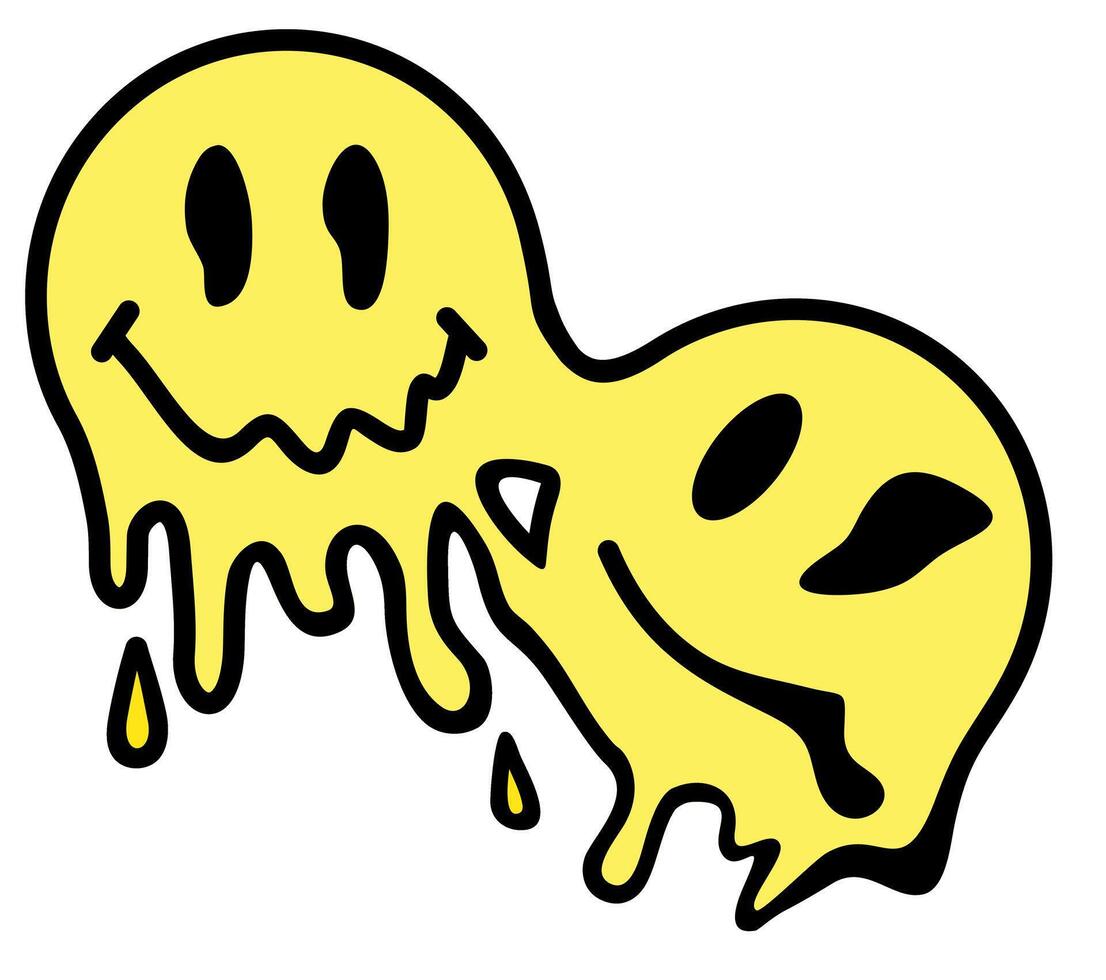 Smile sad face. Mental problems, emotional swings, loss of control over your emotions. Melted smile face in trippy acid rave style isolated on white vector