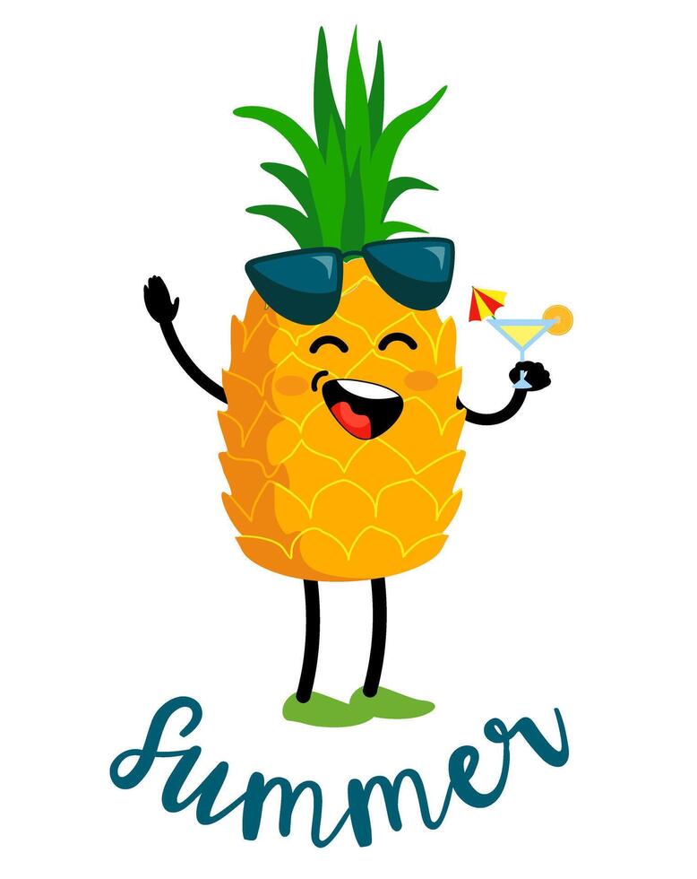 Cute pineapple character with human face and cocktail glass. Cartoon funny pineapple happy fruit character vector