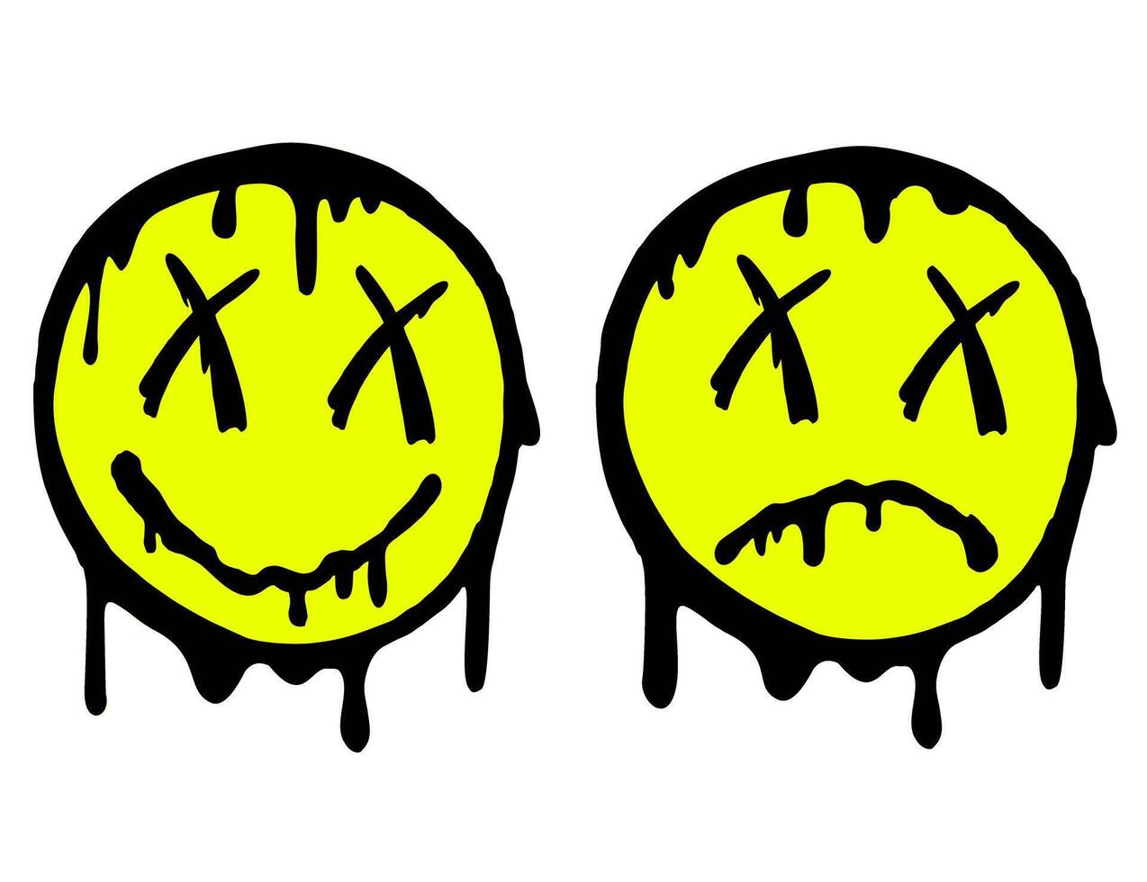 A melting smile. Funny melt smile face. Melted smile face and a sad face in trippy acid rave style vector