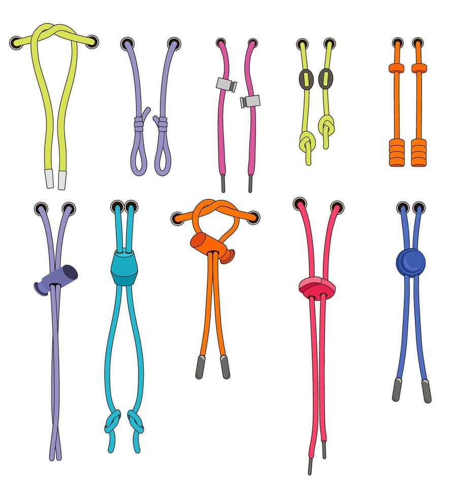Drawstring cord stopper flat. Set of drawstrings, cord for waist band, bags, shoes, jackets, shorts, pants. Drawcord aglets for clothing, accessories vector