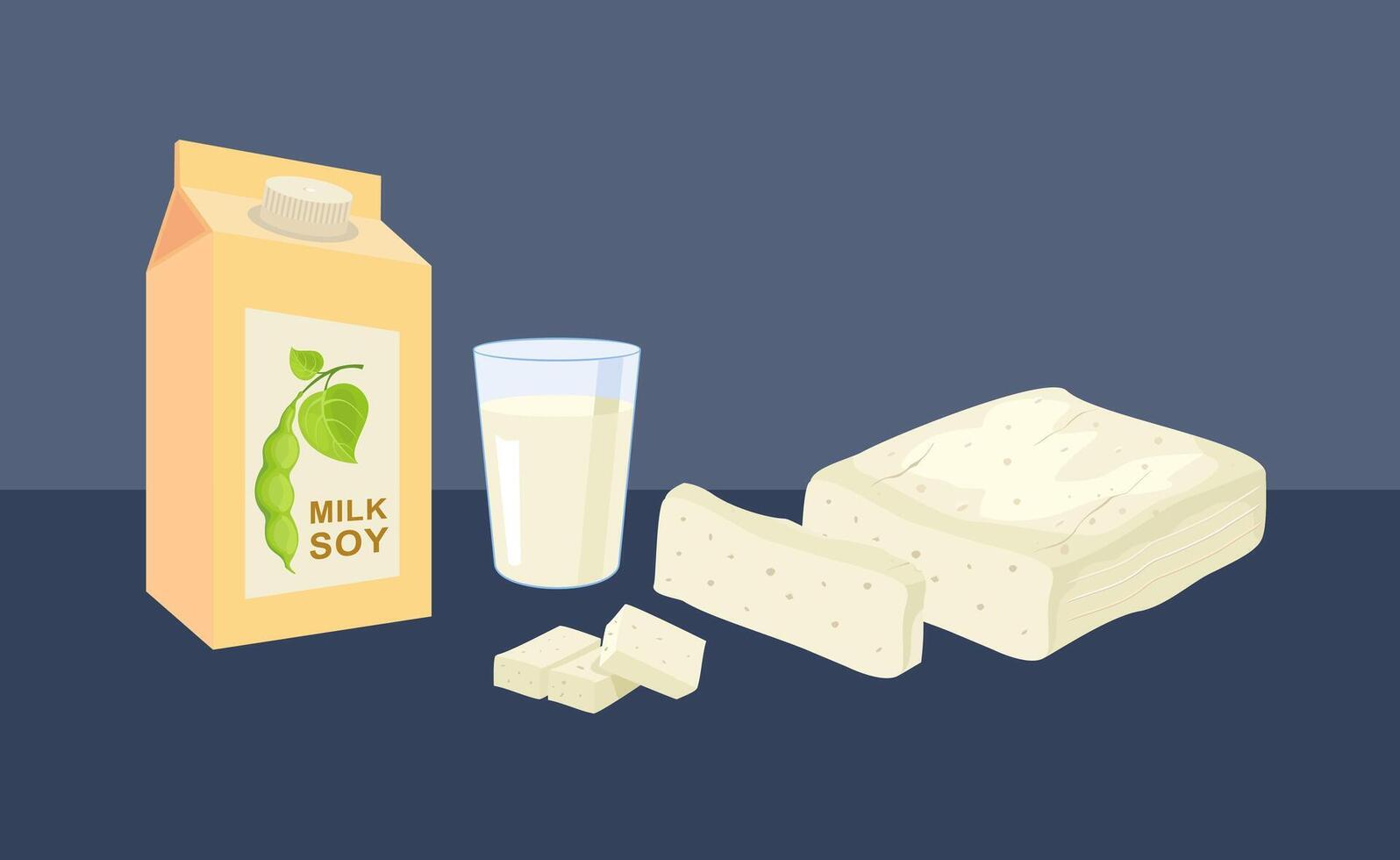 Soy milk package, soybeans, tofu and soy milk in glass. Soybean product. Feta cheese vector