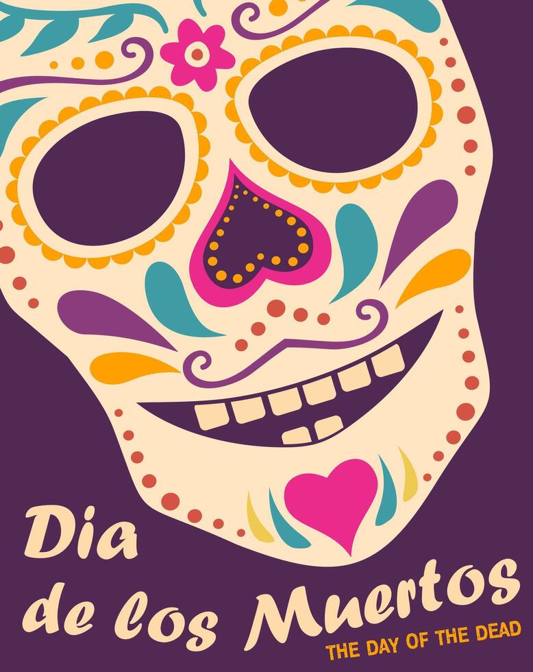Dia de Los Muertos, Mexican Day of the Dead card, invitation. Colorful sugar skull with floral ornament vector