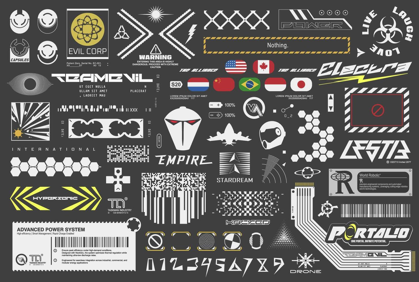 random sci fi mix. technology, industrial symbol and decal collection vector