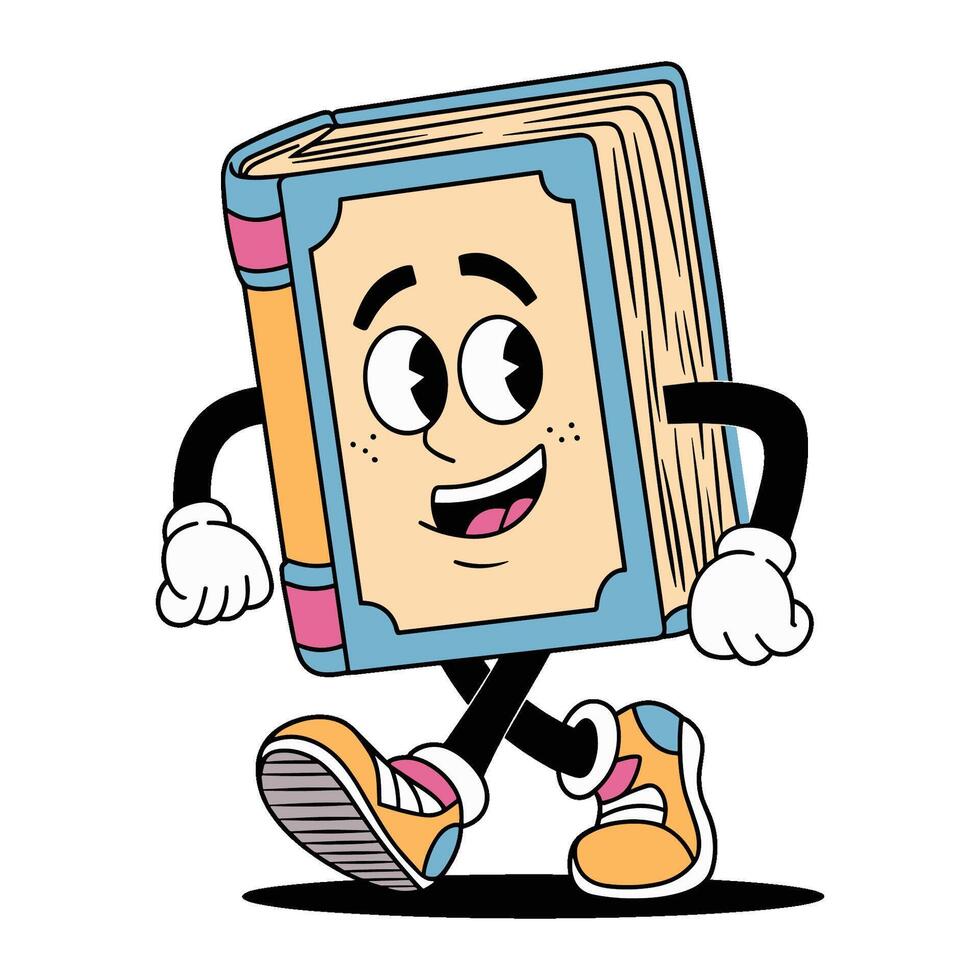 Cheerful walking book character with playful expression in a cartoon groovy style vector