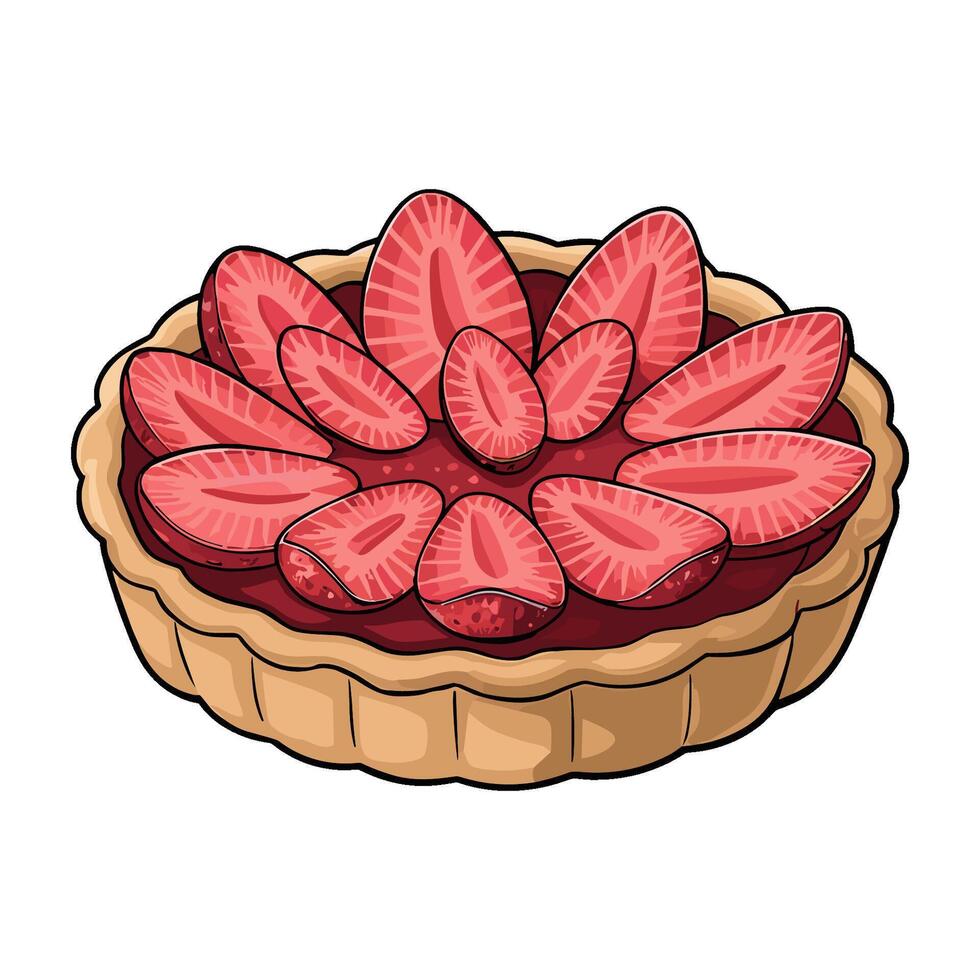 Delicious strawberry tart with vibrant red berries and flaky crust, doodle food illustration vector