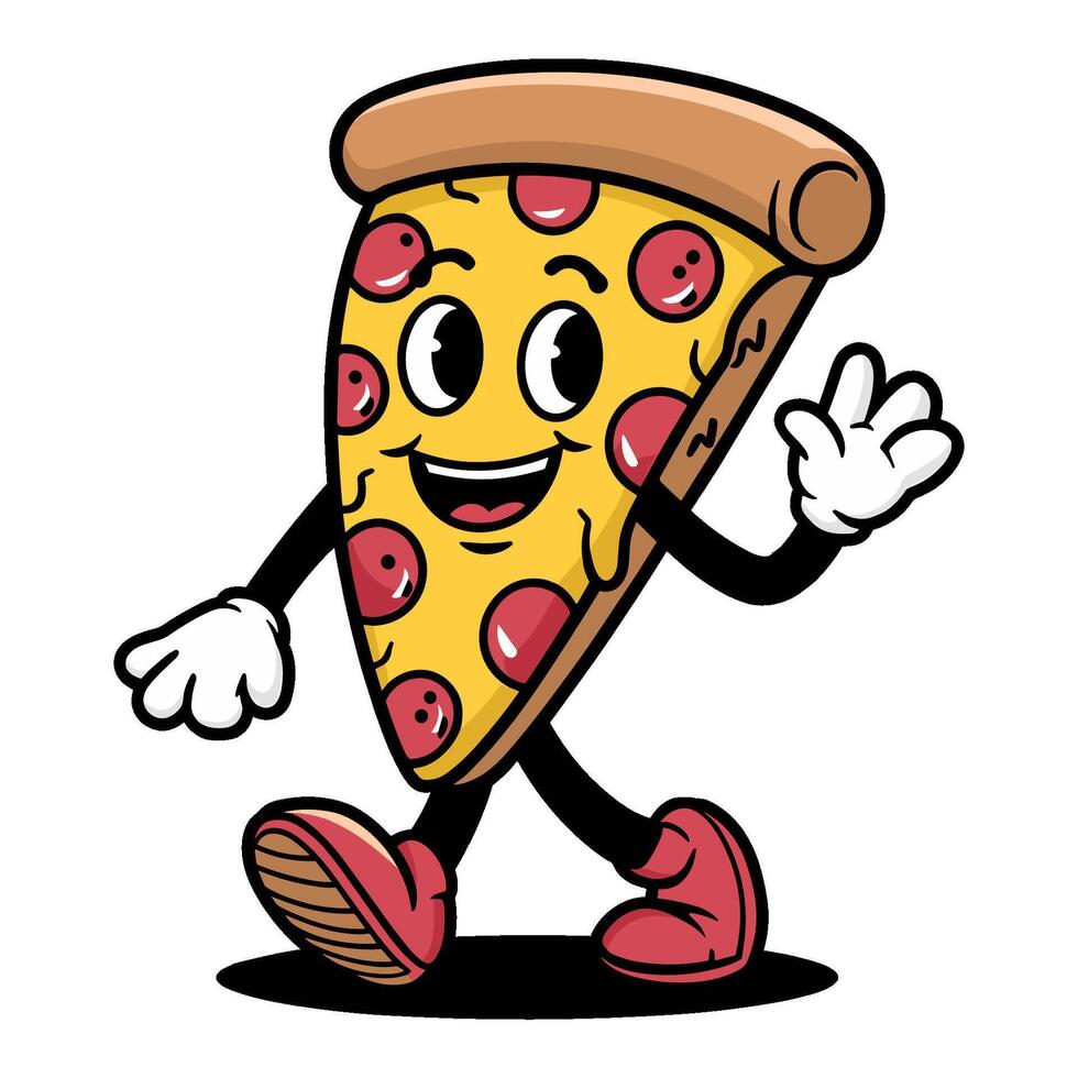Retro character pizza slice walking happily with a smile and waving hand in a cartoon style vector