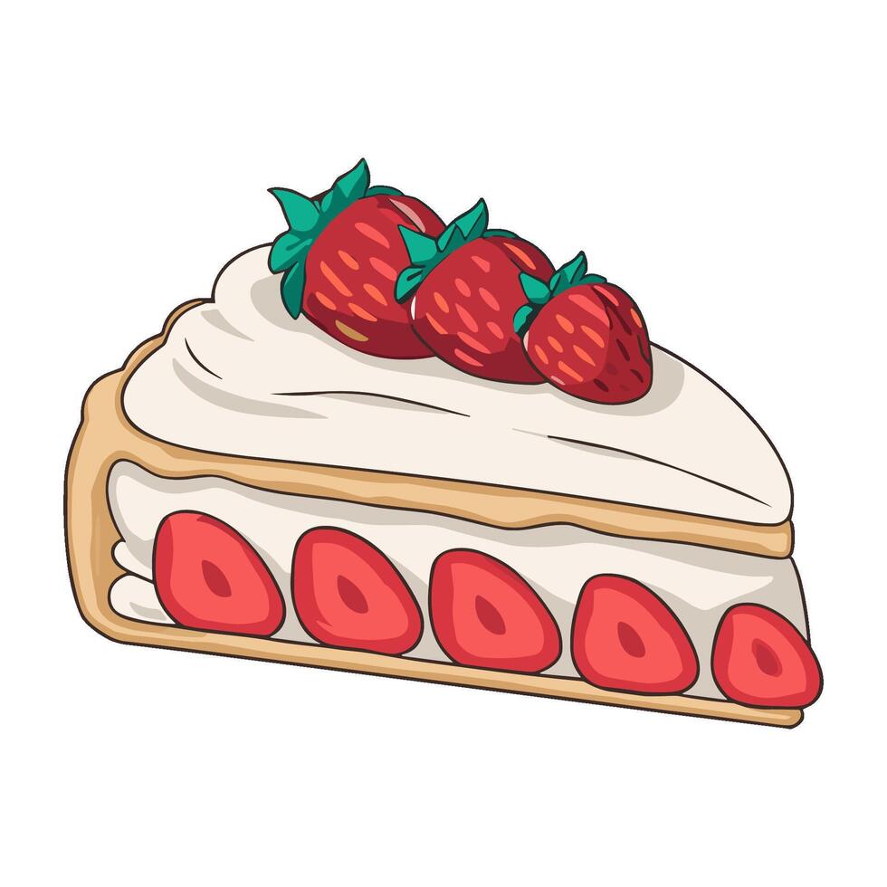Delicious strawberry cake slice with cream and fresh strawberries, perfect for dessert lovers vector