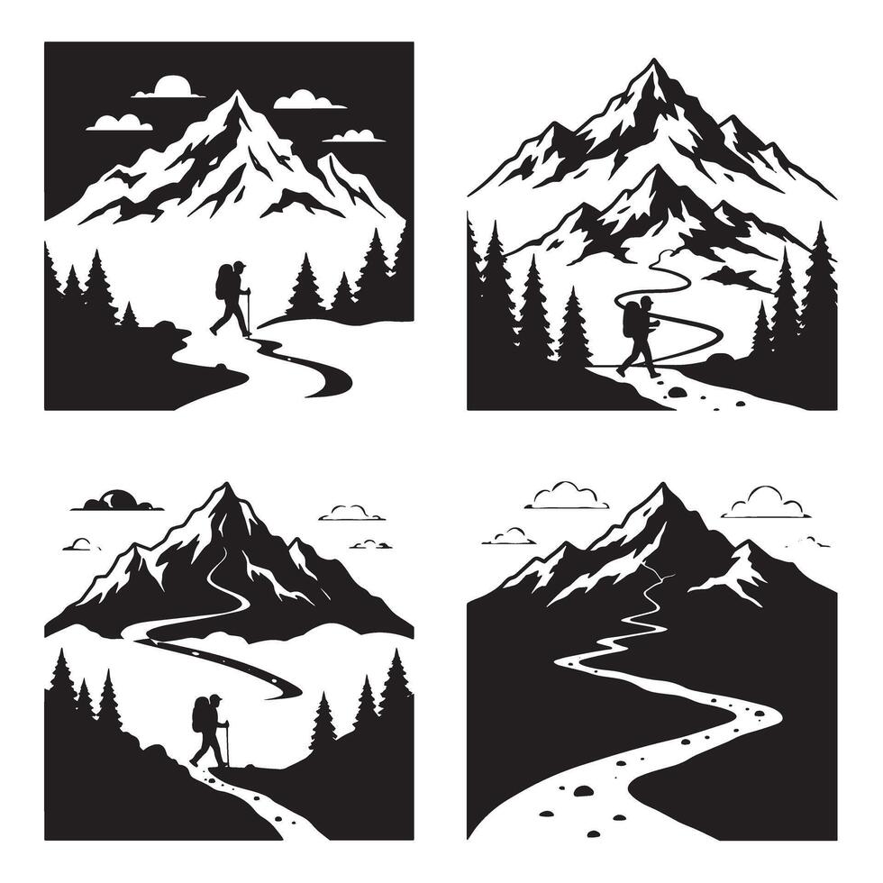 Trekking and hiking icon set in bold silhouette for travel and adventure use vector