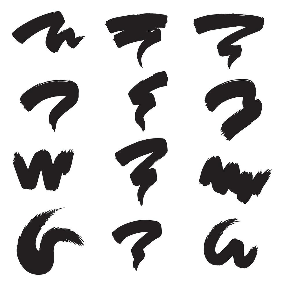 Graphic pack of curved pointing strokes and brush symbols in a silhouette layout vector