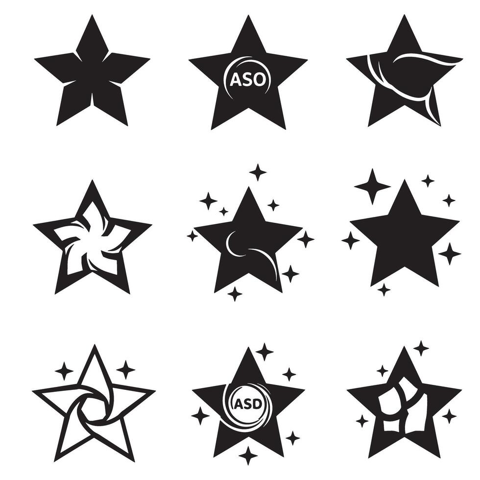 Abstract curved star symbols and logo icons in a minimal silhouette pack for identity use vector