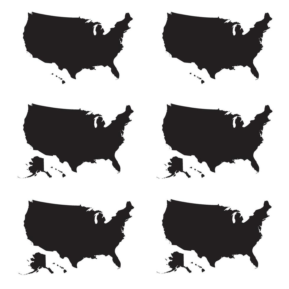 Set of US state maps in bold black silhouette with accurate geographic outlines vector