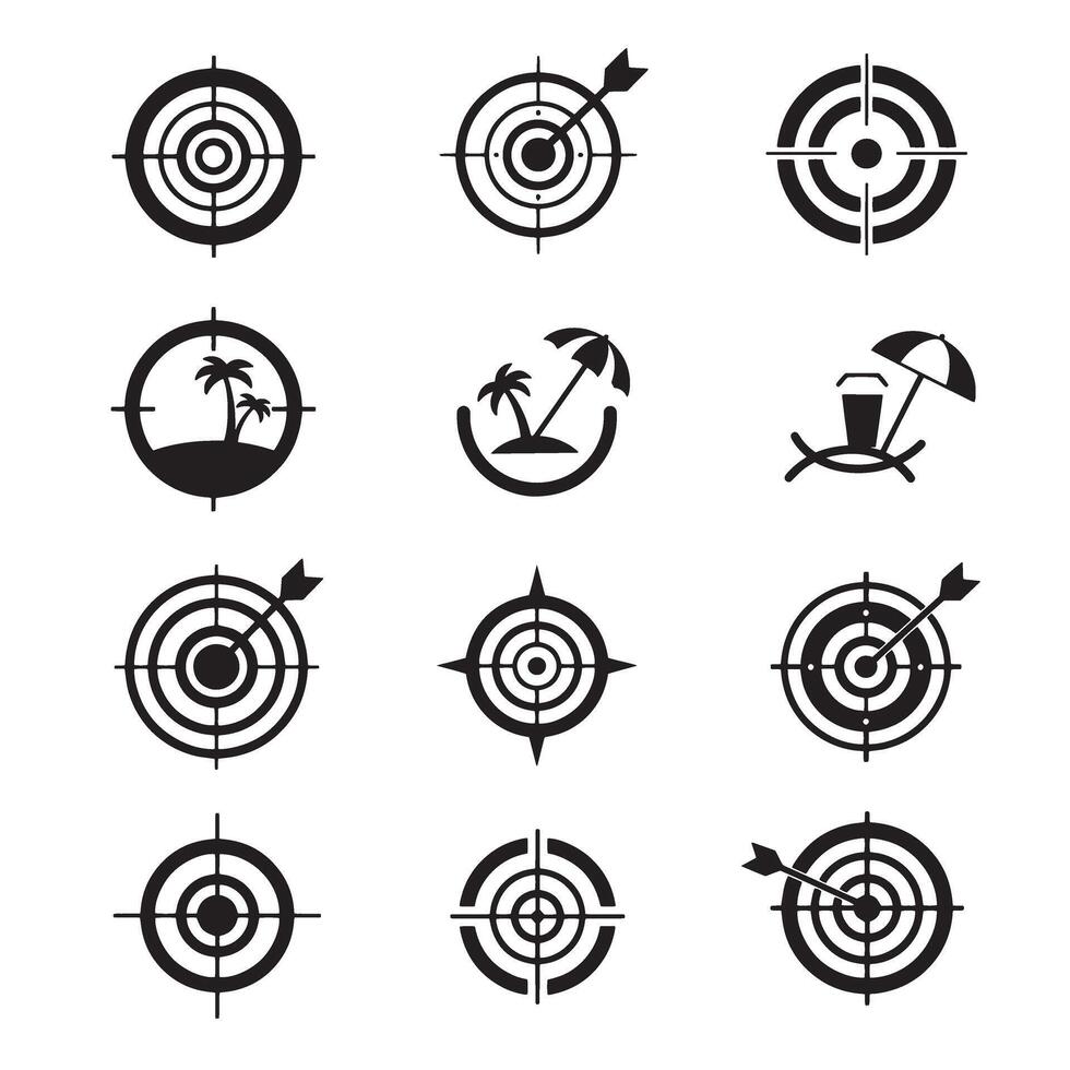 Aim icons with summer graphic elements in dark silhouette layout vector