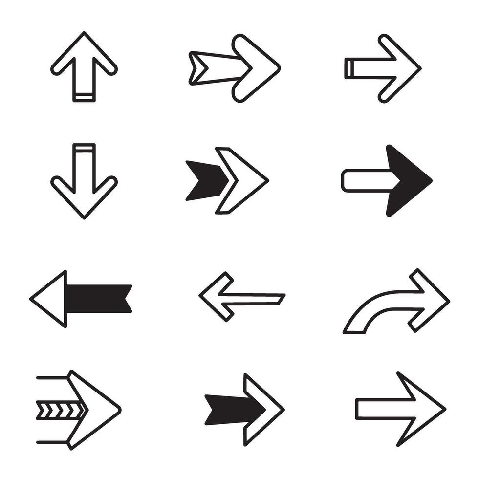 Flat pointing arrow set with direction and logo icons in solid silhouette style vector