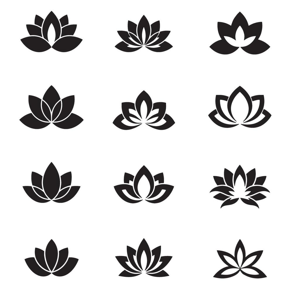 Floral symbol design bundle with lotus icons in black silhouette vector